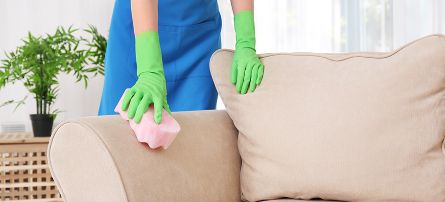 cleaning a polyester couch with sponge
