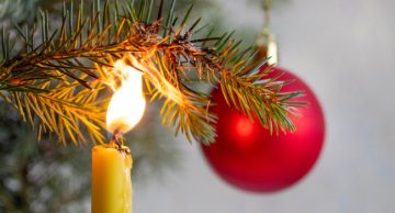 A candle starting to burn a Christmas tree branch