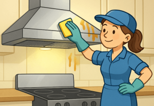 Girl wiping the cooker hood with a sponge