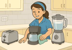 Girl cleaning a coffee maker and other small kitchen appliances