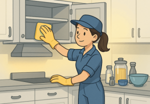 Girl cleaning the kitchen cabinets