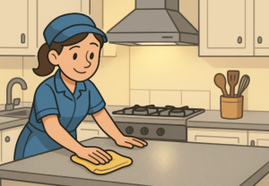 Girl wiping the kitchen counter with a cloth