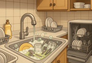 Washing dishes in the sink and washing machine