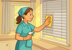 Girl cleaning blinds