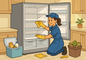 Girl wiping an empty fridge