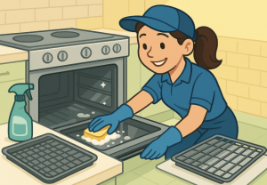 Girl cleaning the oven door