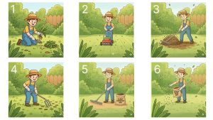 Collage of cartoon images showing all the steps to how to overseed a lawn