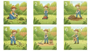 Collage of cartoon images showing all the steps to how to overseed a lawn