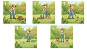 Collage of cartoon images showing all the steps to prepare for lawn overseeding.