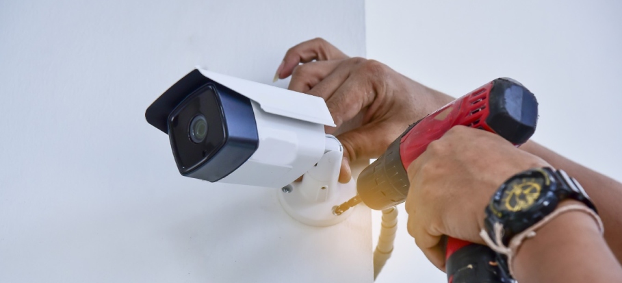 Professional CCTV expert is mounting a camera in a domestic property