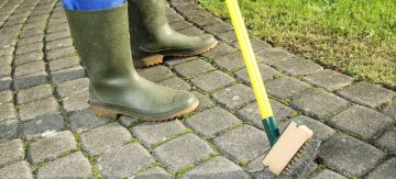 A Gardener cleaning moss out of paving stones