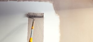 painting a plastered wall with a paint roller