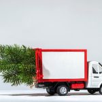 Red cargo van carrying a Christmas tree