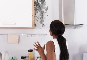 Woman looking at mould on kitchen wall