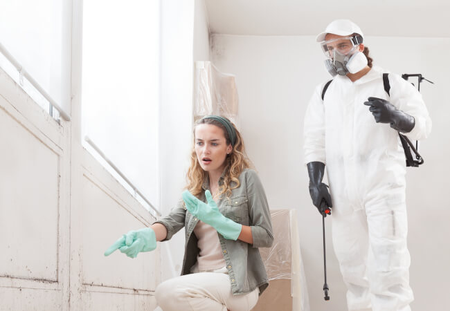 Woman showing mould infestation to a professional