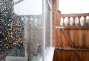 Water droplets on a large double glazing window on a conservatory during winter. A damp wooden side gate is visible.