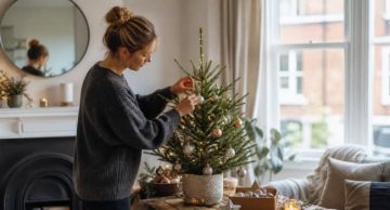 Illustration representing how to decorate a mini christmas tree